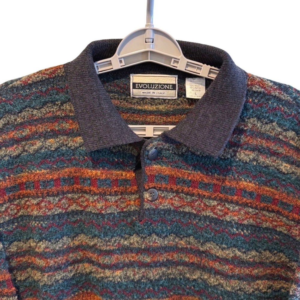EVOLUZIONE Made in Italy Mens LG Geometric Pattern Knit Sweater Wool Blend VTG